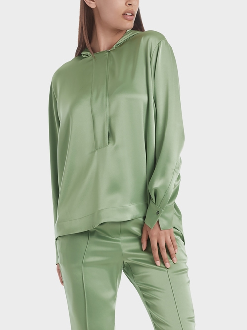 Blouse-style satin top with hood