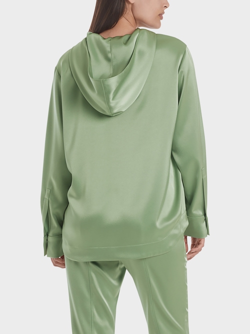 Blouse-style satin top with hood