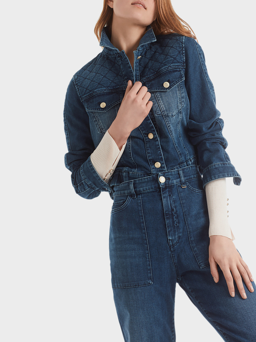 Diamond-quilted padded denim jacket