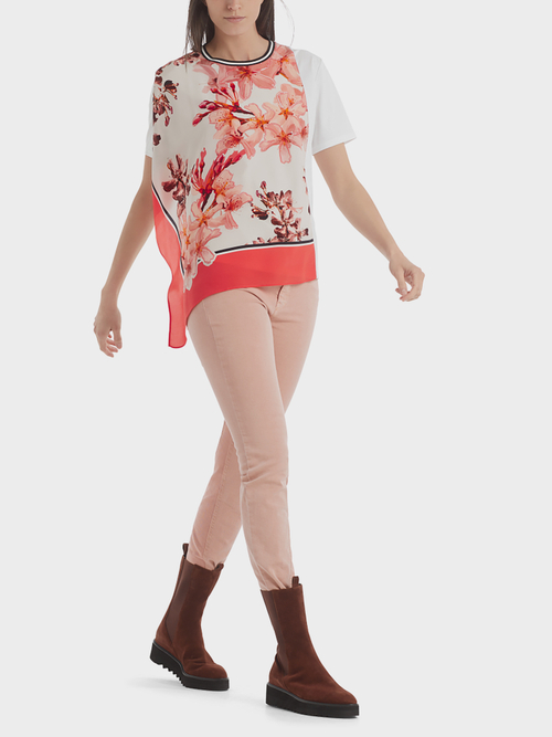 Blouse-style top with floral silk trim