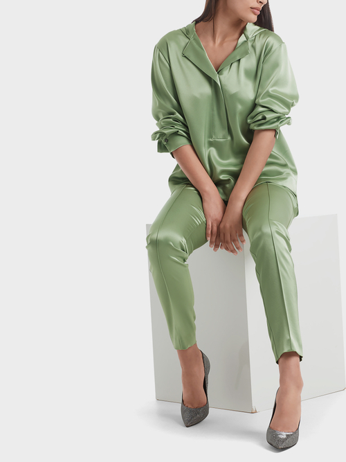Blouse-style satin top with hood