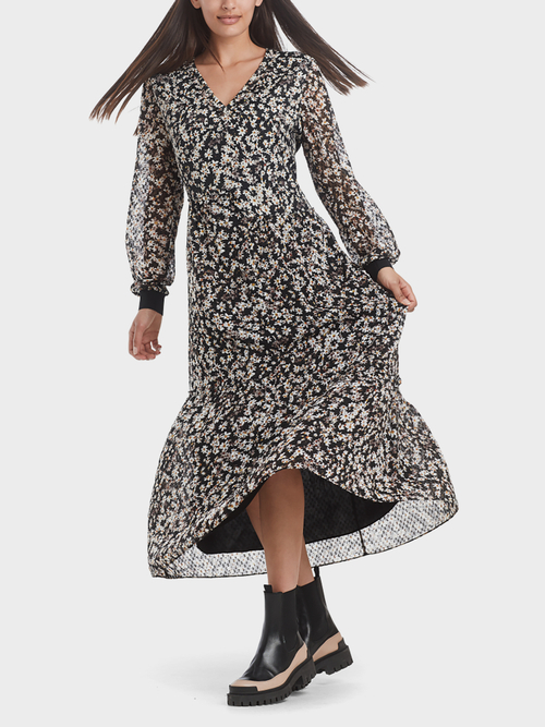 Maxi-jurk van fil coupé met millefleurs