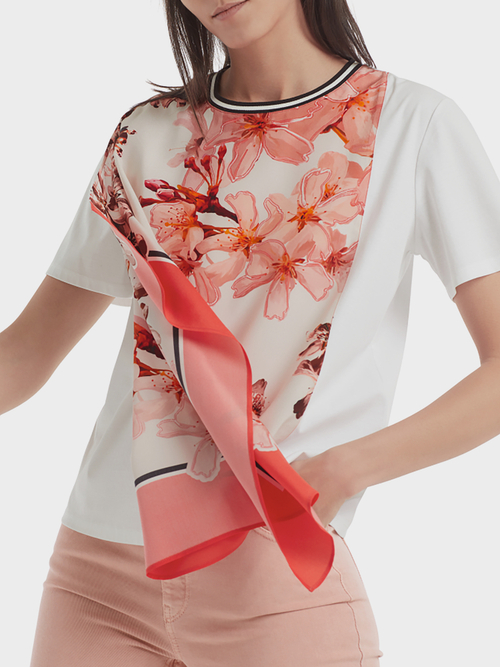 Blouse-style top with floral silk trim