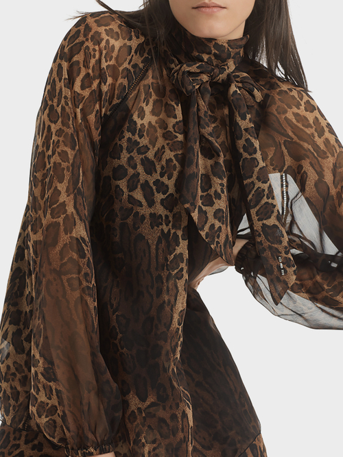 Blouse met strikhals en luipaardmotief