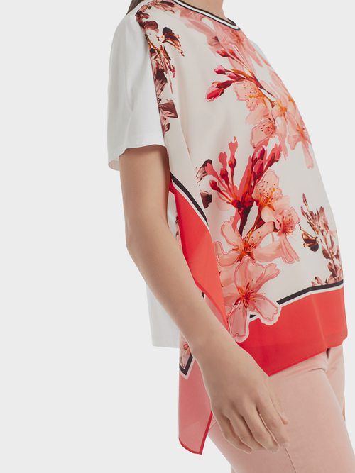 Blouse-style top with floral silk trim