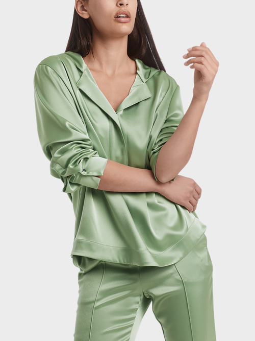 Blouse-style satin top with hood