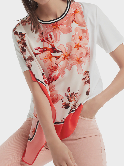 Blouse-style top with floral silk trim