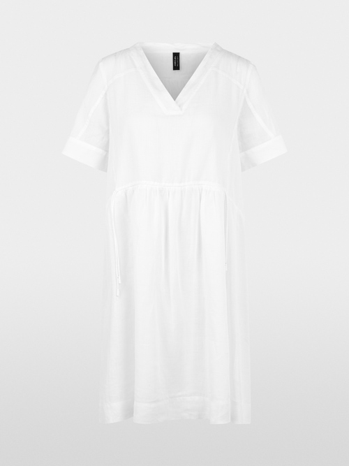 Short-sleeved ramie dress with fringes
