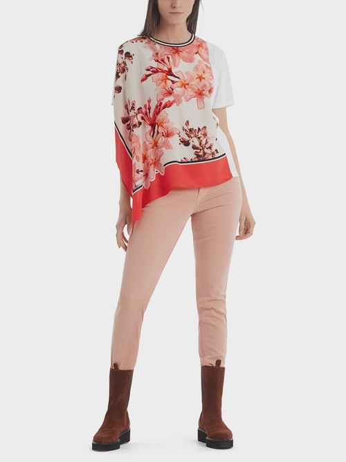 Blouse-style top with floral silk trim
