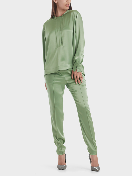 Blouse-style satin top with hood