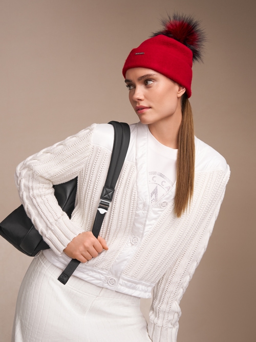 Wool hat with faux fur pompom