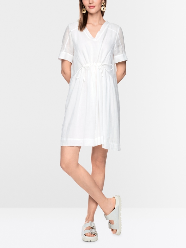 Short-sleeved ramie dress with fringes