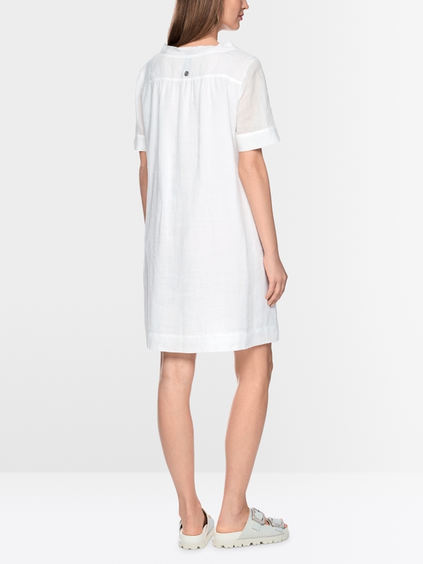 Short-sleeved ramie dress with fringes