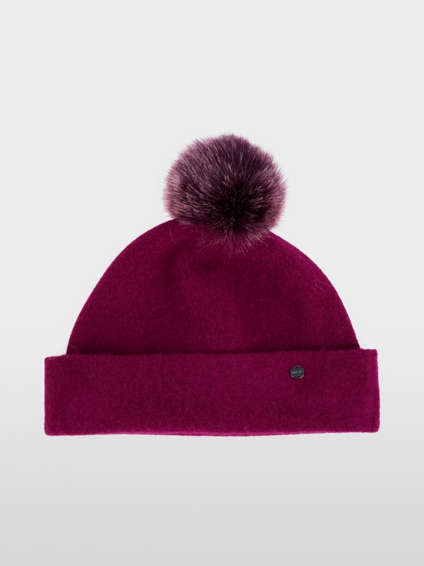 Wool hat with faux fur pom-pom