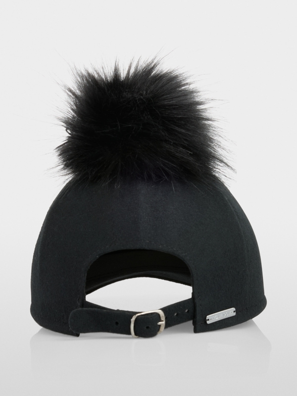 Wool cap with faux fur pompom
