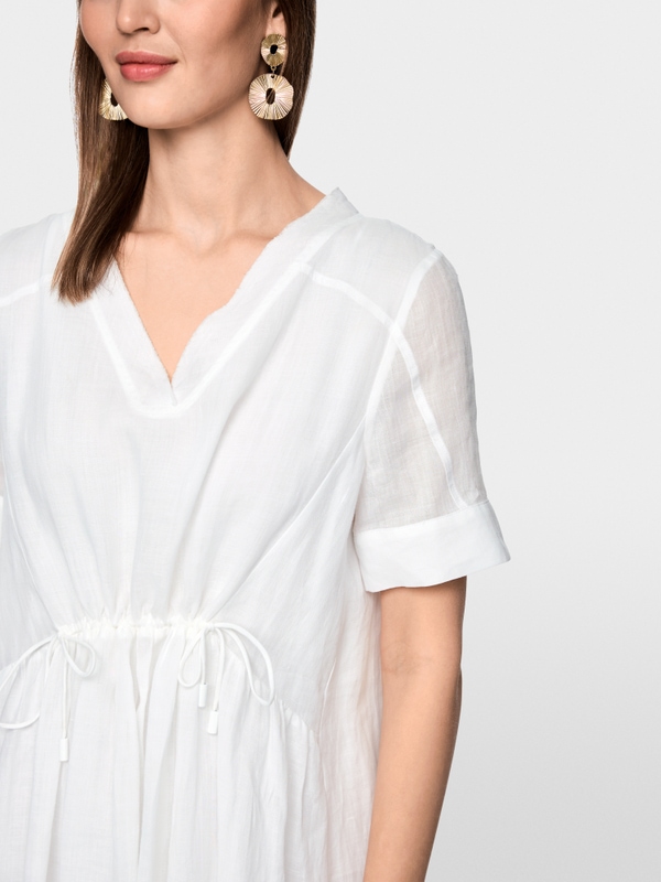 Short-sleeved ramie dress with fringes