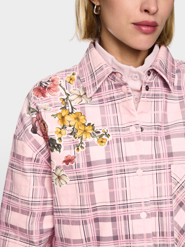 Corduroy blouse with checked design and flowers