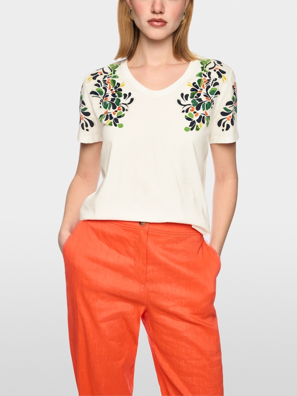 Shirt with hibiscus print and sequins