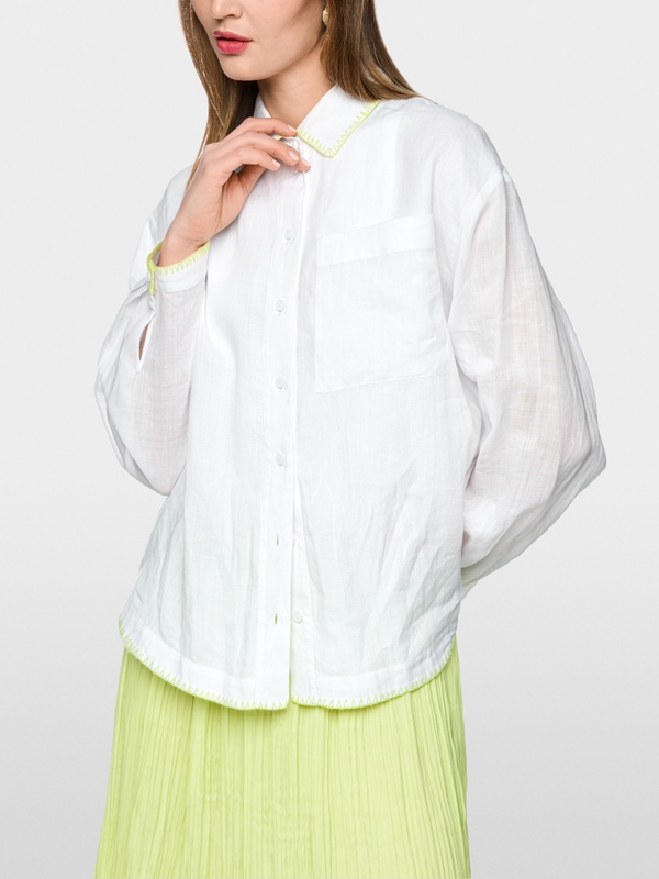 Polo collar ramie blouse with stitching