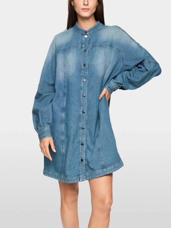 Denim mini dress with stand-up collar