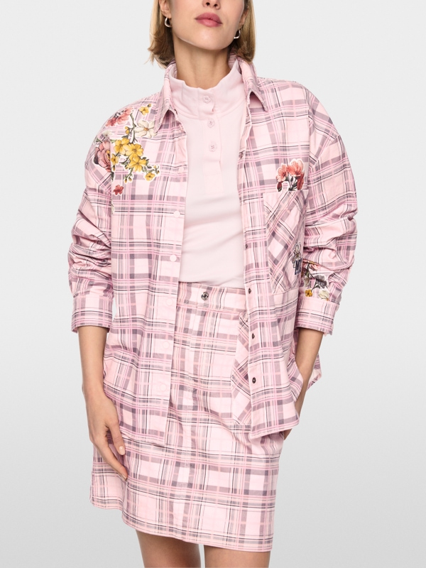 Corduroy blouse with checked design and flowers