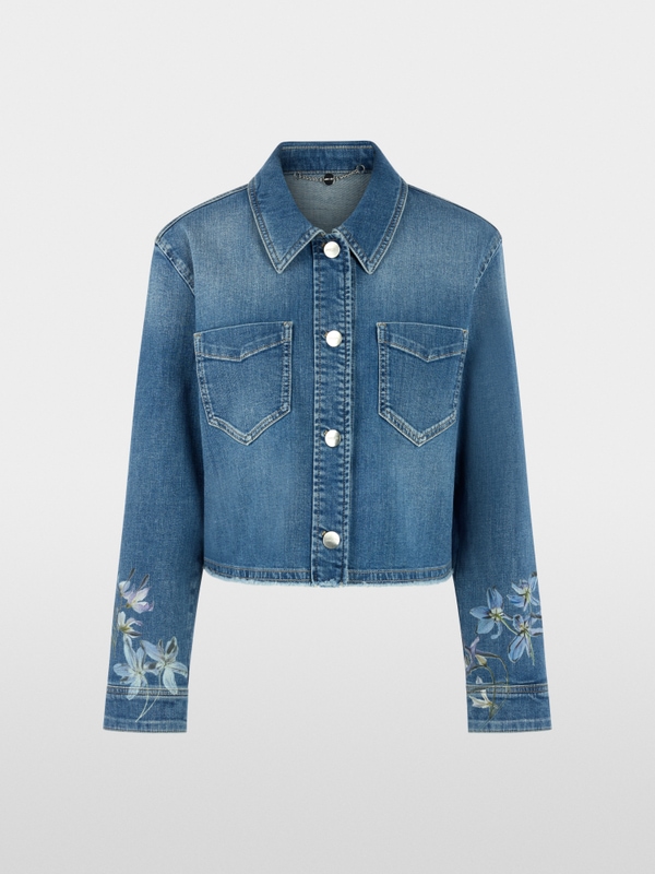 Denim jacket with floral print sleeves