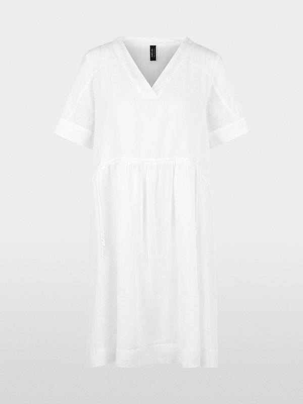 Short-sleeved ramie dress with fringes