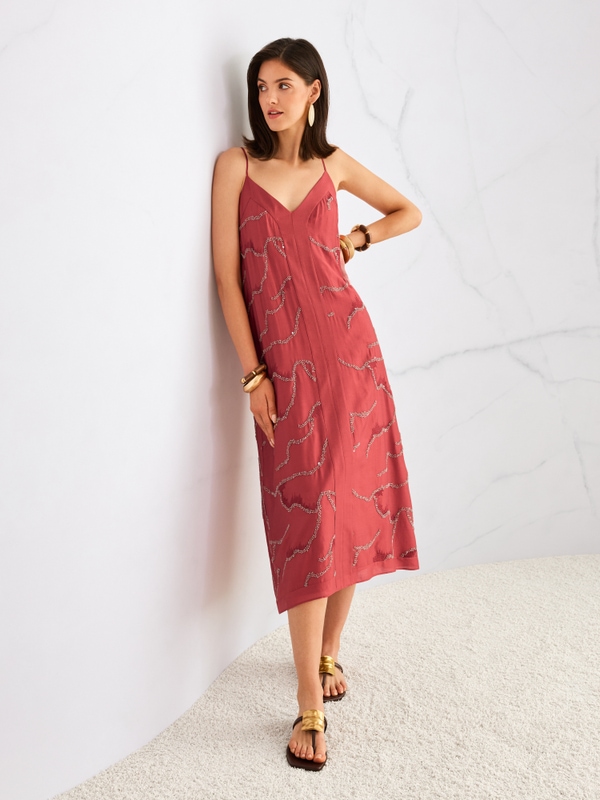 Mid-length dress featuring pearls