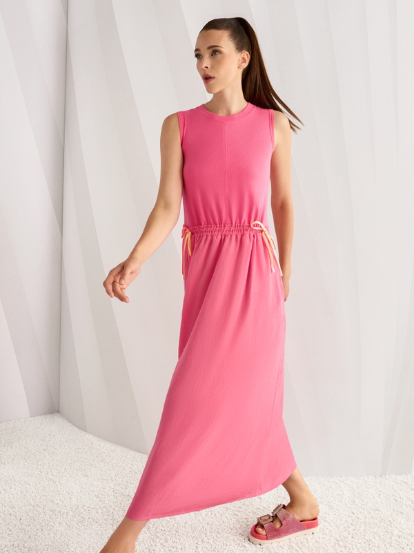Sleeveless midi dress with drawstring