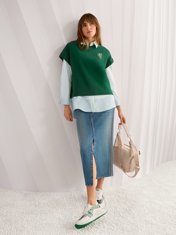 Denim midi skirt with side stripes