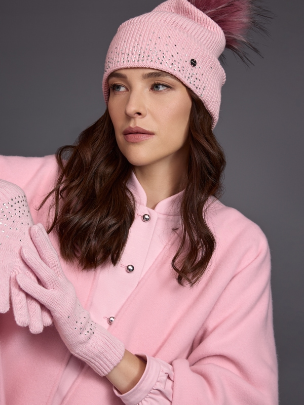 Hat with faux fur pom-pom and sequins