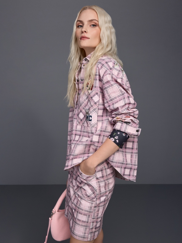 Corduroy blouse with checked design and flowers
