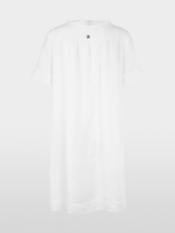 Short-sleeved ramie dress with fringes
