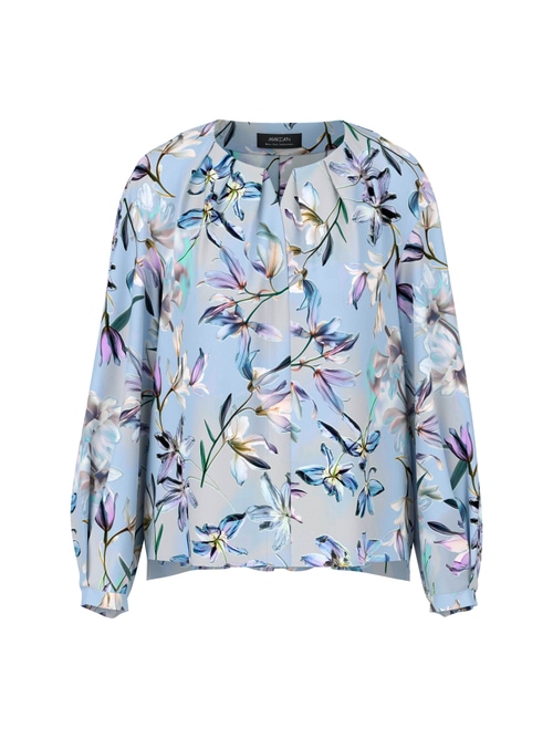 Marc Cain Women's Blue Blouse With All-Over Lily Print, 18 (N6)
